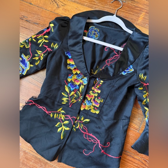 Anthropologie Tops - Anthropologie sample sale unique hand embroidered peplum black satin jacket